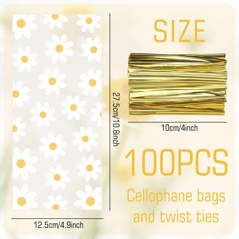 وولاين حقيبة سيلوفان ديزي 100 قطعة من Whaline مع أربطة ذهبية ملفوفة على شكل زهرة بيضاء وأكياس حلوى حلوى بلاستيكية وأكياس زهور تشيلو جودي لربيع وصيف وأعياد ميلاد الطفل وحفلات الزفاف - Image 2